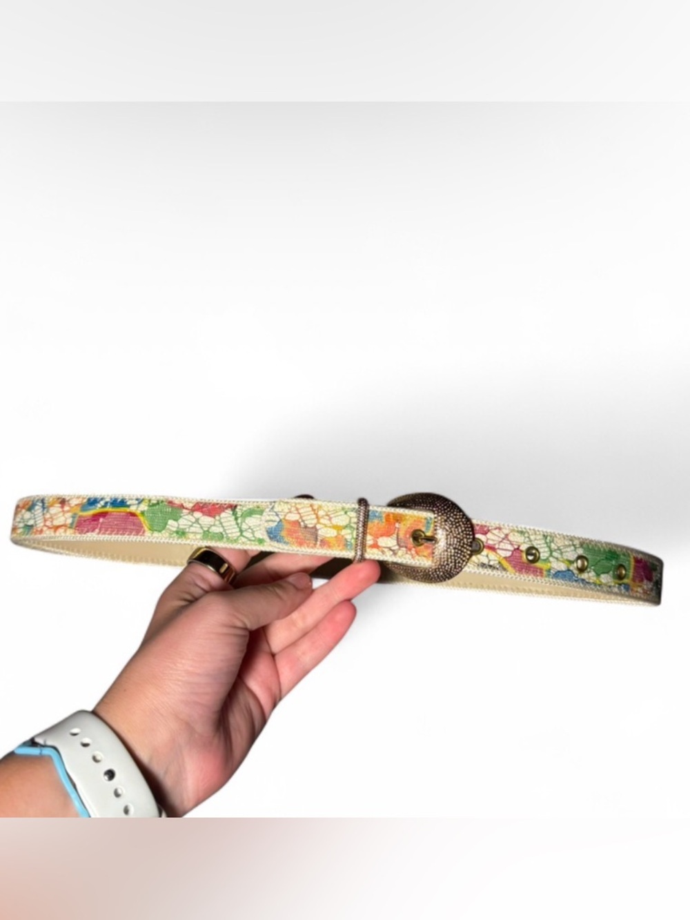 Y2K festival Neon Multicoloured belt with a lace pattern and gold buckle 🌿